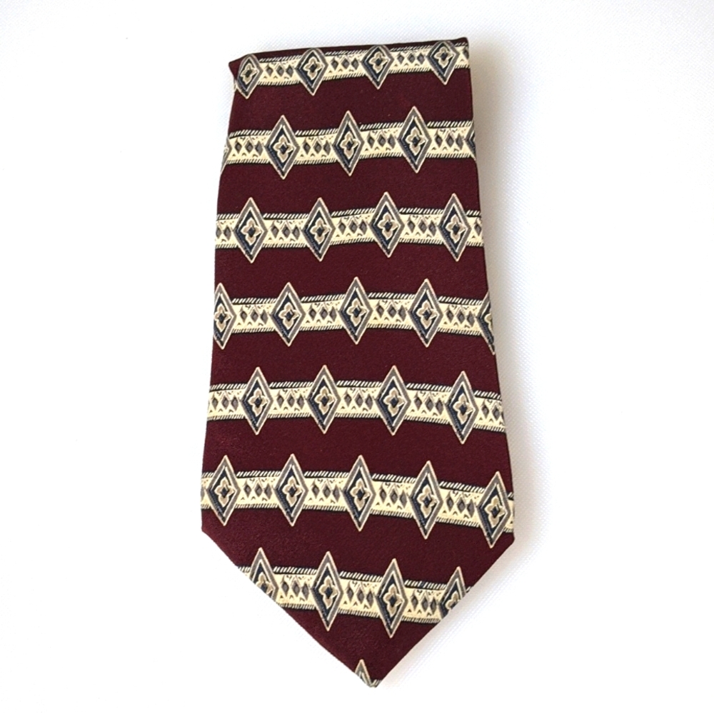 Vintage Pierre Cardin Silk Tie Wine Burgundy Red Taupe Cream Diamond Pattern